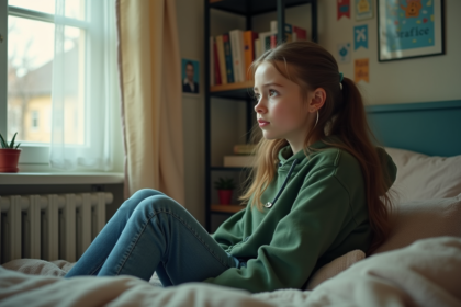 Jeune fille en hoodie vert assise pensivement dans sa chambre