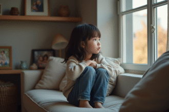 Jeune fille de 10 ans assise seule près de la fenêtre dans un salon familial