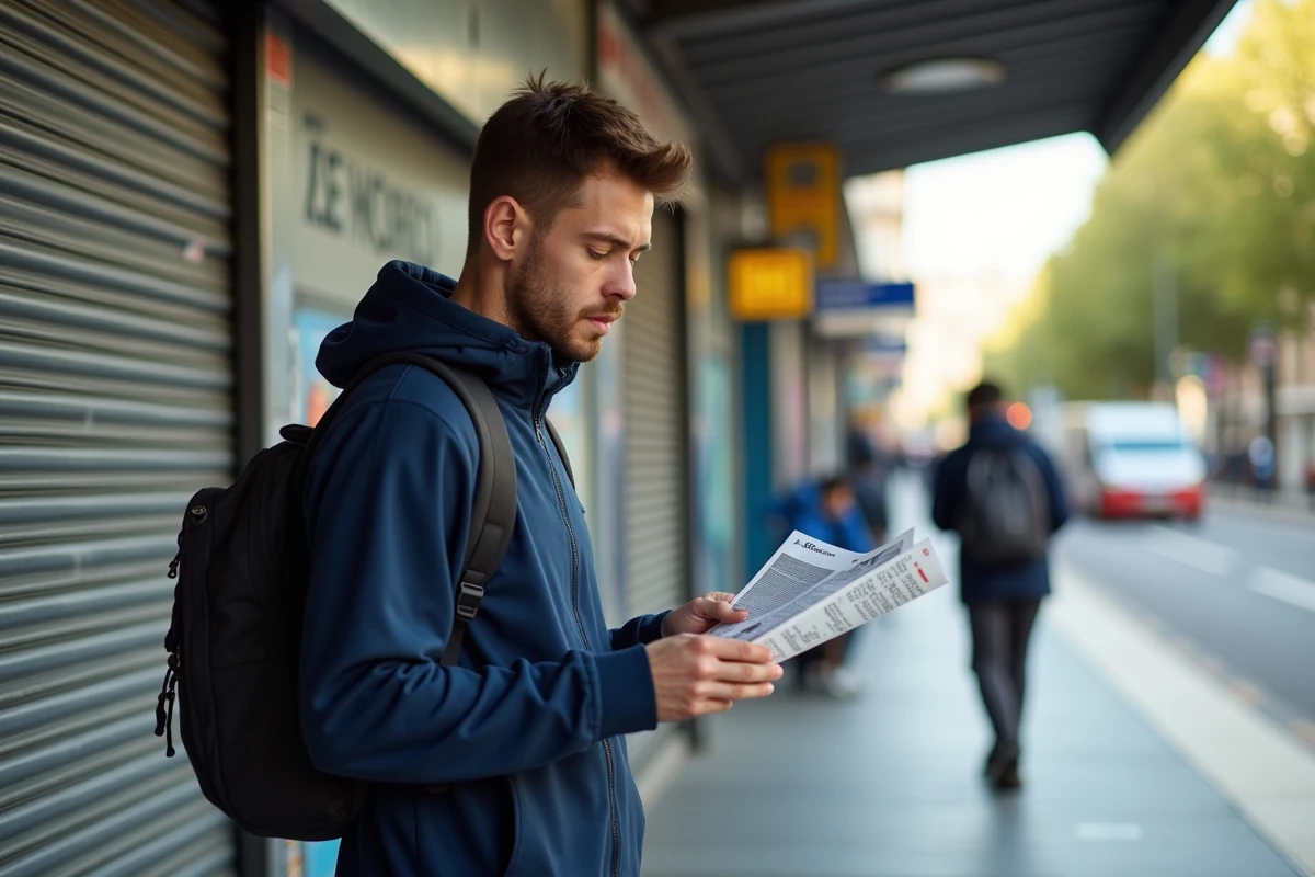 Jeune homme des quartiers nord de Marseille consultant une affiche de formation professionnelle à un arrêt de transport en commun