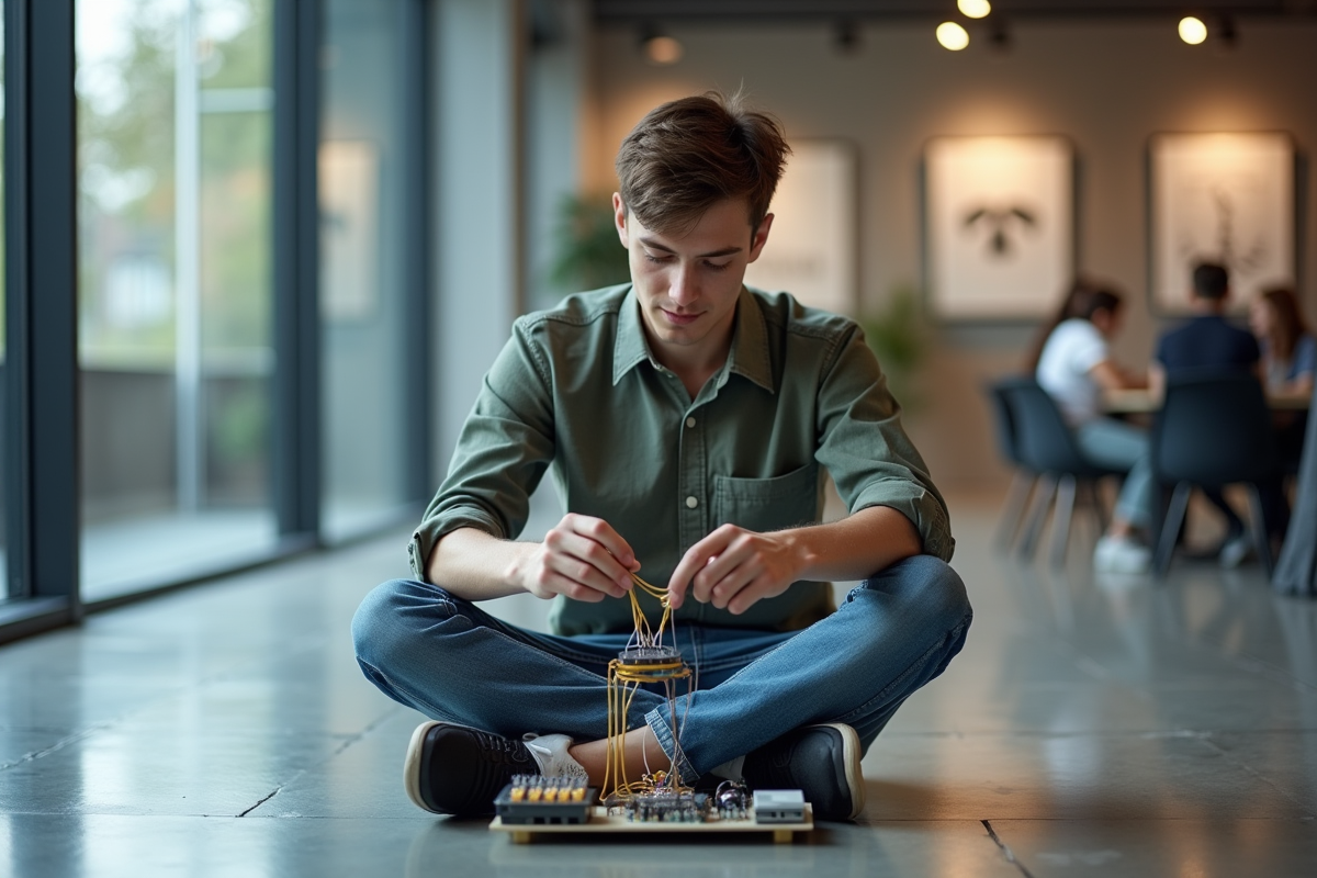 Jeune homme assemble un modele de quantum avec fils et plaques