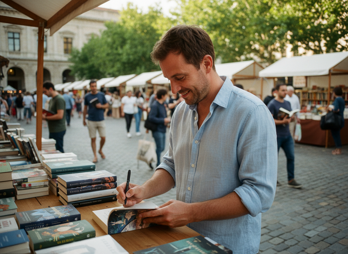 Jeune homme signant un livre lors d
