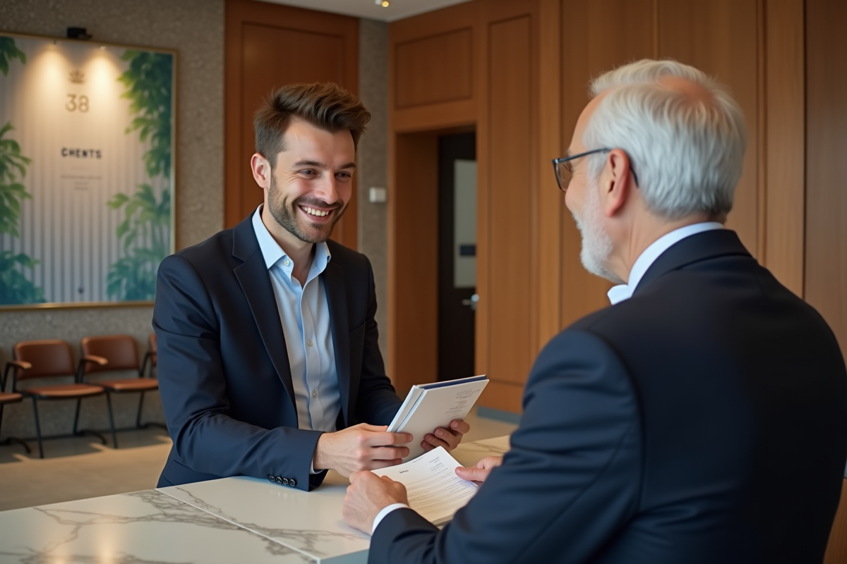 Jeune homme français remettant son Livret A à un banquier