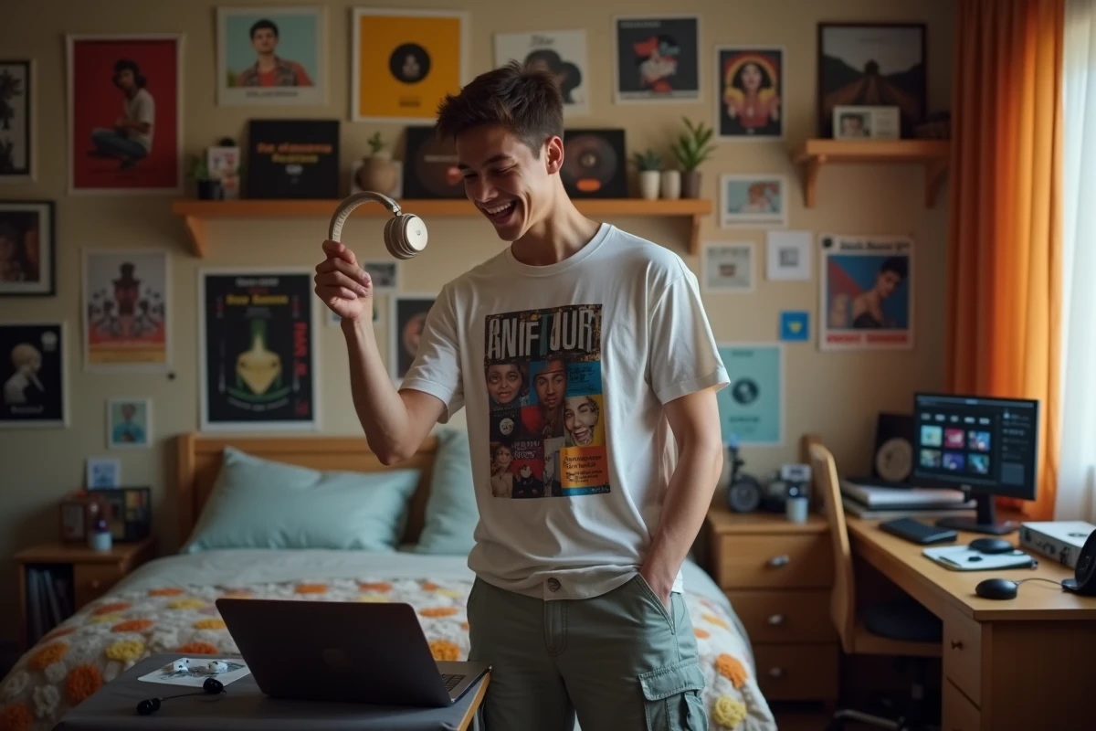 Jeune homme découvrant un banger sur une plateforme musicale dans sa chambre décorée d'affiches de musique, illustration du slang des jeunes