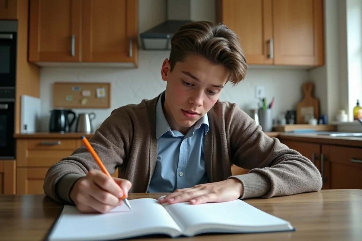Jeune homme réécrivant un brouillon à la maison