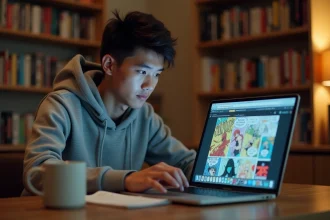 Jeune homme lisant un webtoon sur son ordinateur portable dans un bureau cosy entouré de mangas