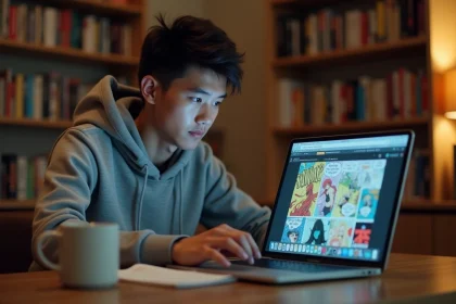 Jeune homme lisant un webtoon sur son ordinateur portable dans un bureau cosy entouré de mangas