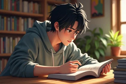 Jeune homme lisant un manga dans un studio lumineux