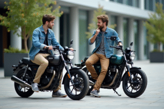 Jeune homme en denim assis sur une moto en ville