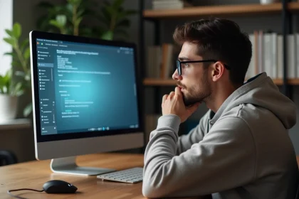 Jeune homme en hoodie regardant un écran d'ordinateur avec erreur