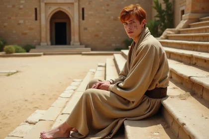 Jeune homme en robe sandale sur escalier ancien