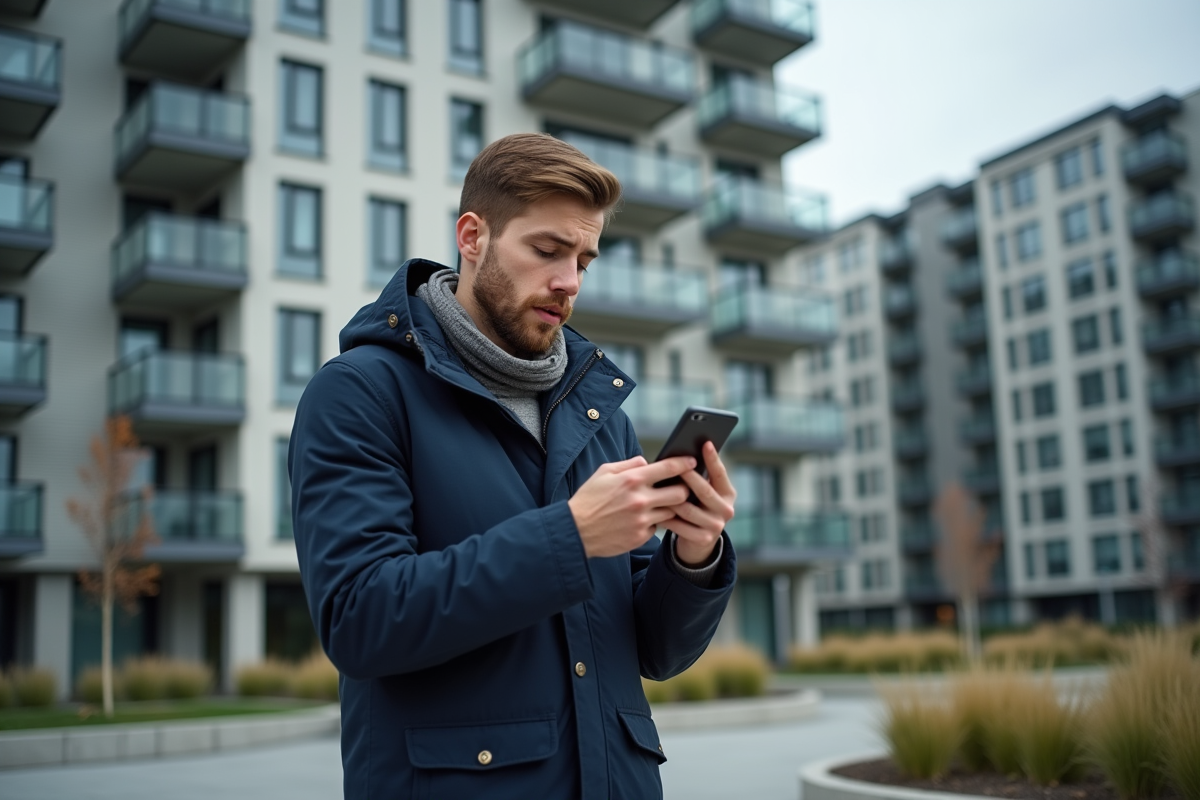 Jeune homme consulte son smartphone devant un immeuble moderne