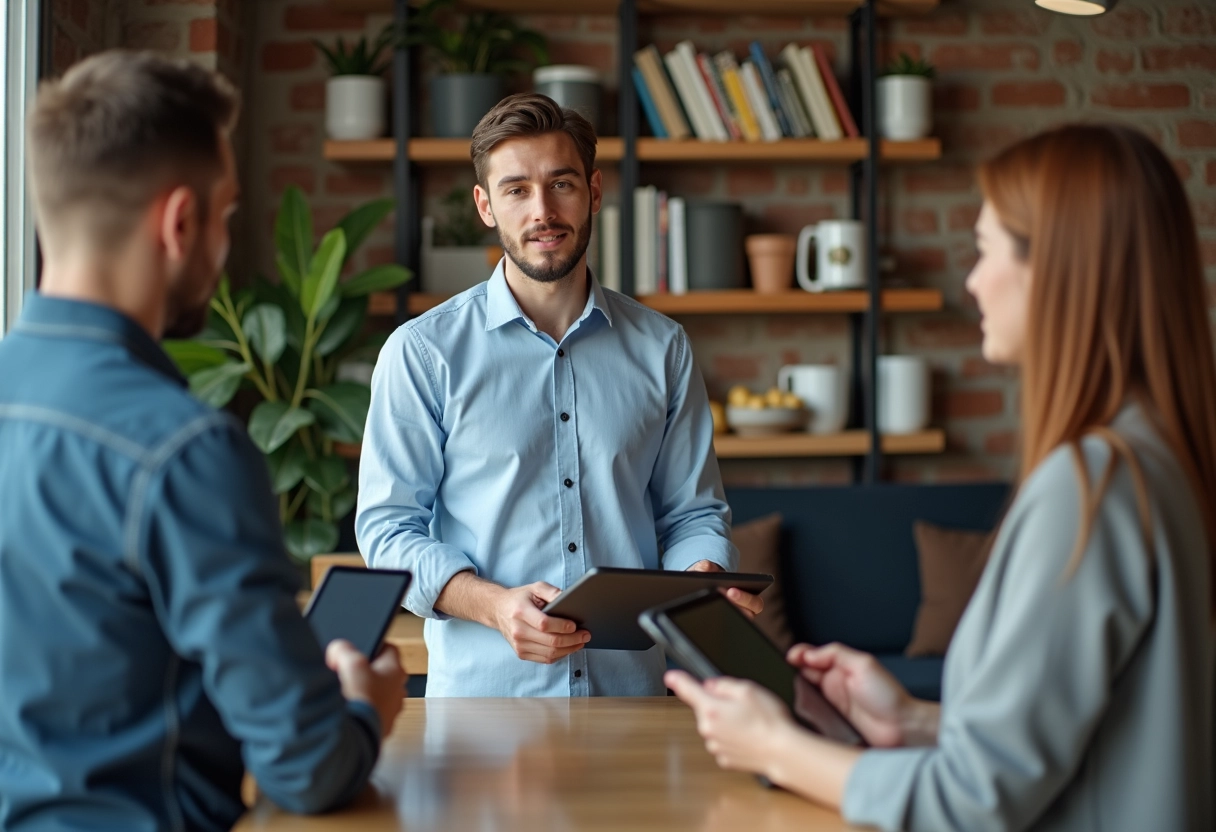 Jeune homme discutant avec un collègue dans un espace de coworking