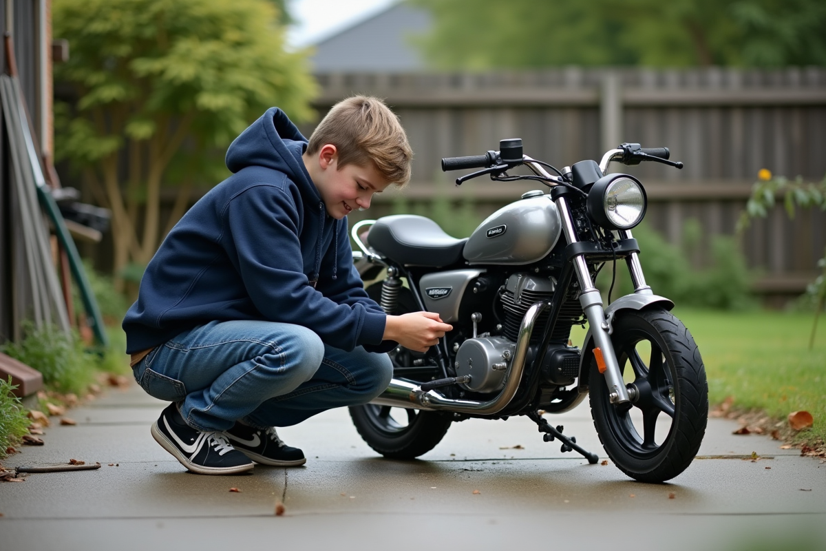 Adolescent en hoodie vérifiant l'huile d'une moto 50cc