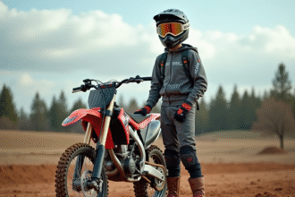 Jeune pilote motocross avec casque et bike 125cc