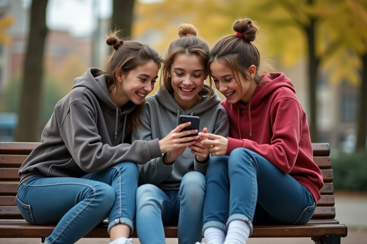 Trois adolescents riant en regardant un smartphone en plein air
