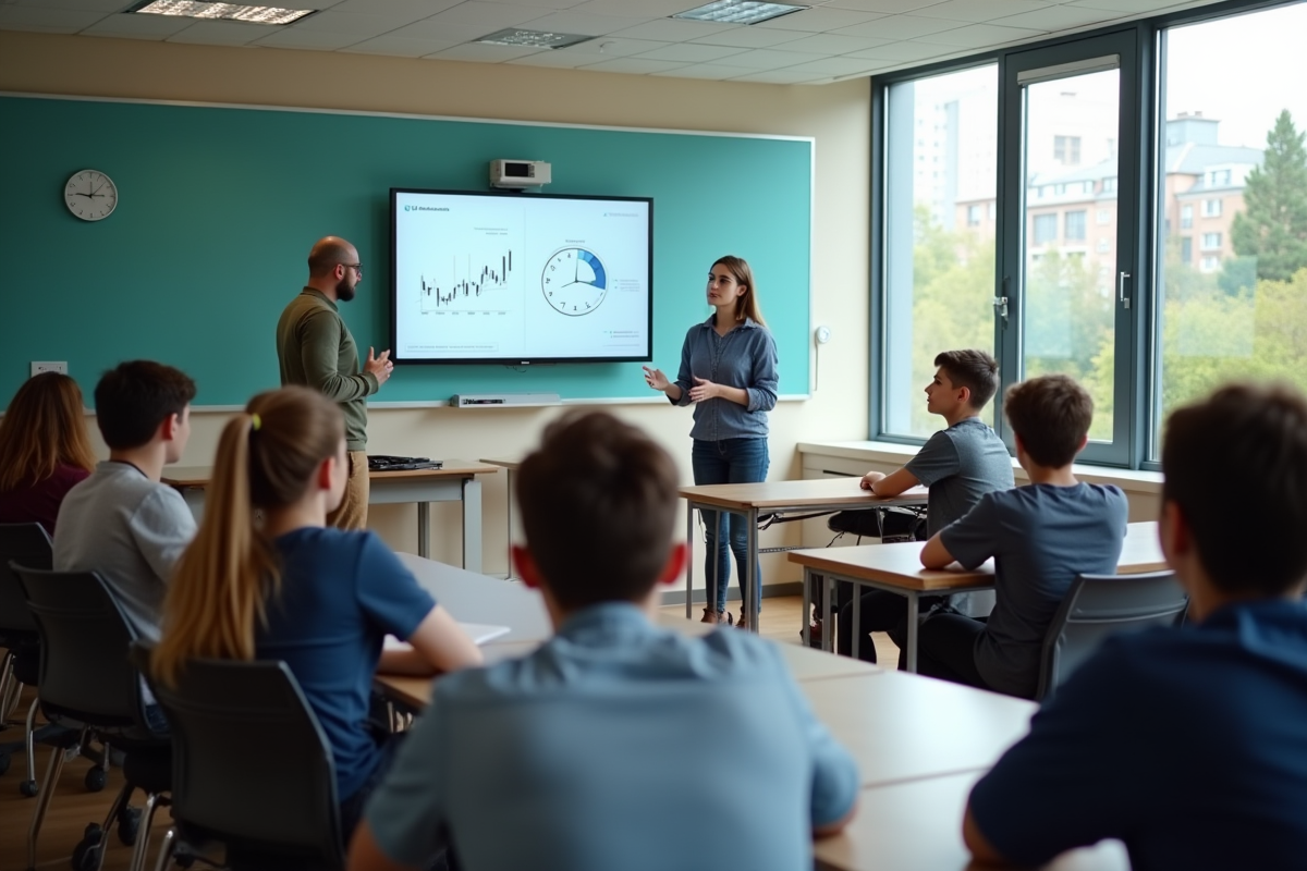 Groupe d adolescents apprenant l investissement en classe