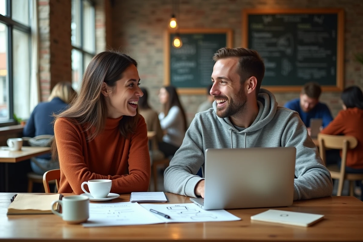 Deux jeunes entrepreneurs en pleine session de brainstorming dans un café indépendant autour d'un business model canvas illustrant la réflexion sur la disruption