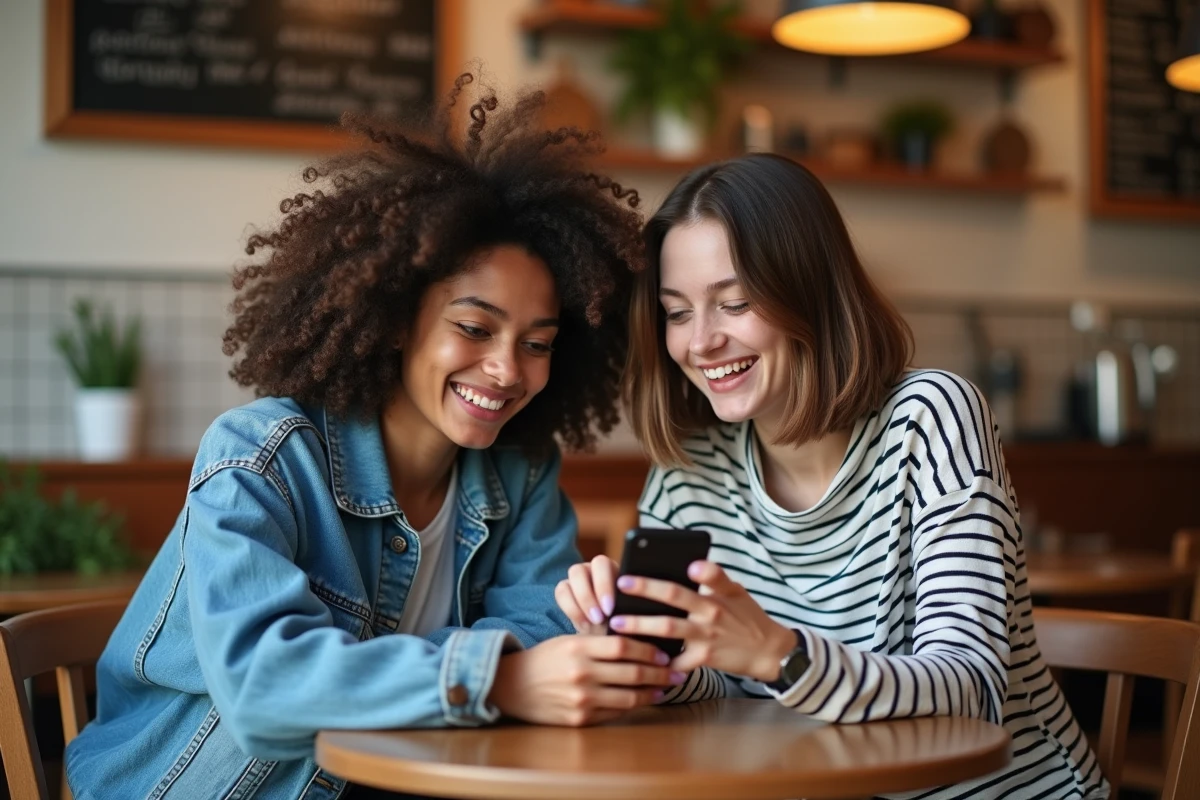 Deux jeunes femmes dans un café consultant leur téléphone en riant, illustrant l'usage du mot banger dans le vocabulaire des jeunes générations
