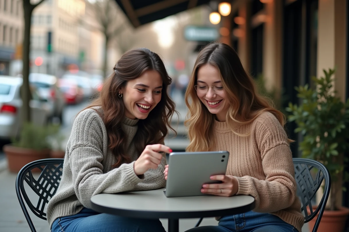 Deux jeunes femmes riant en jouant à Motus sur une tablette en extérieur