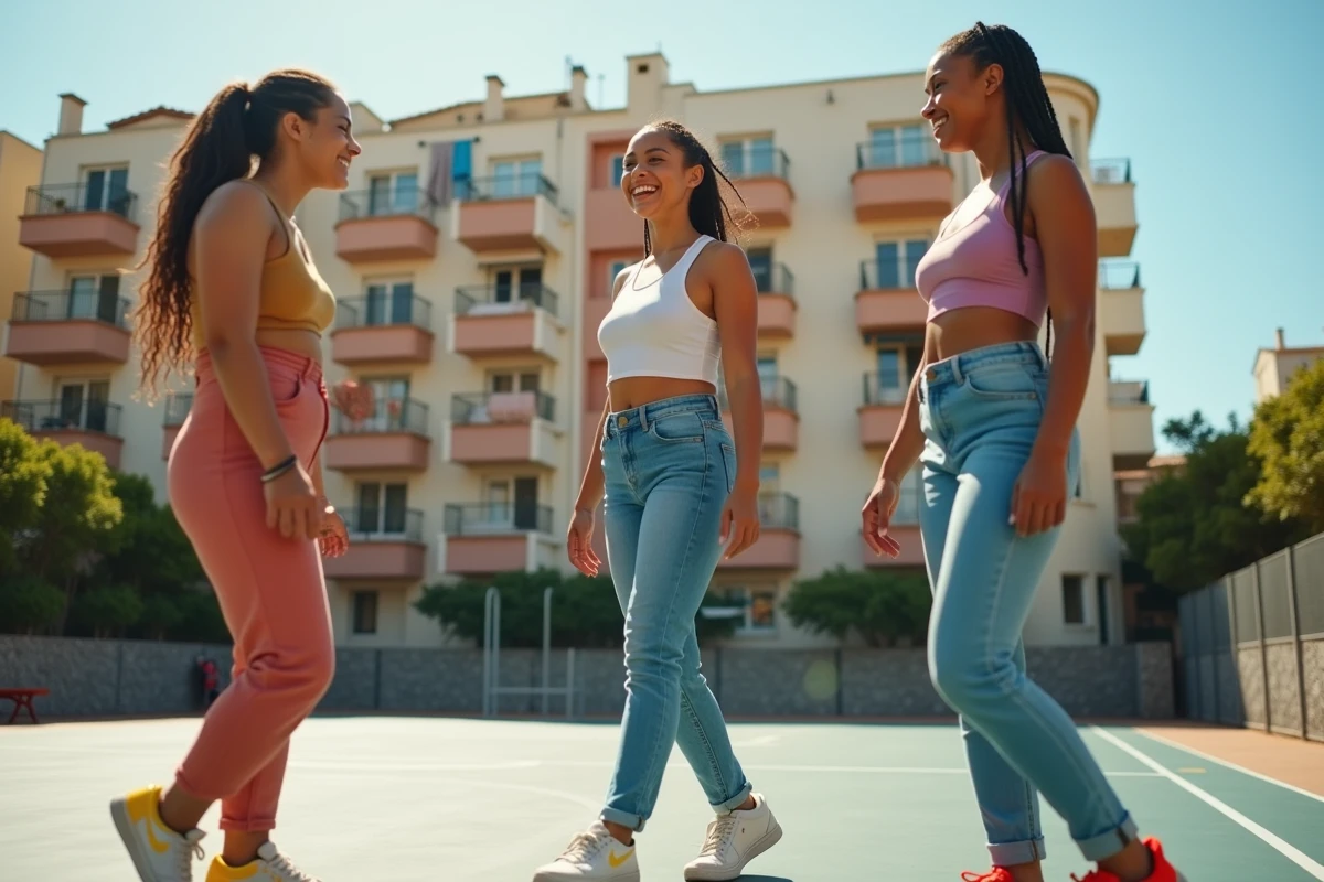 Groupe de jeunes femmes dans la cour d'un quartier résidentiel des quartiers nord de Marseille