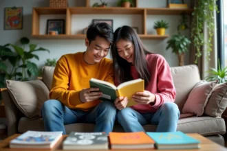 Deux jeunes adultes lisant des mangas dans un salon chaleureux