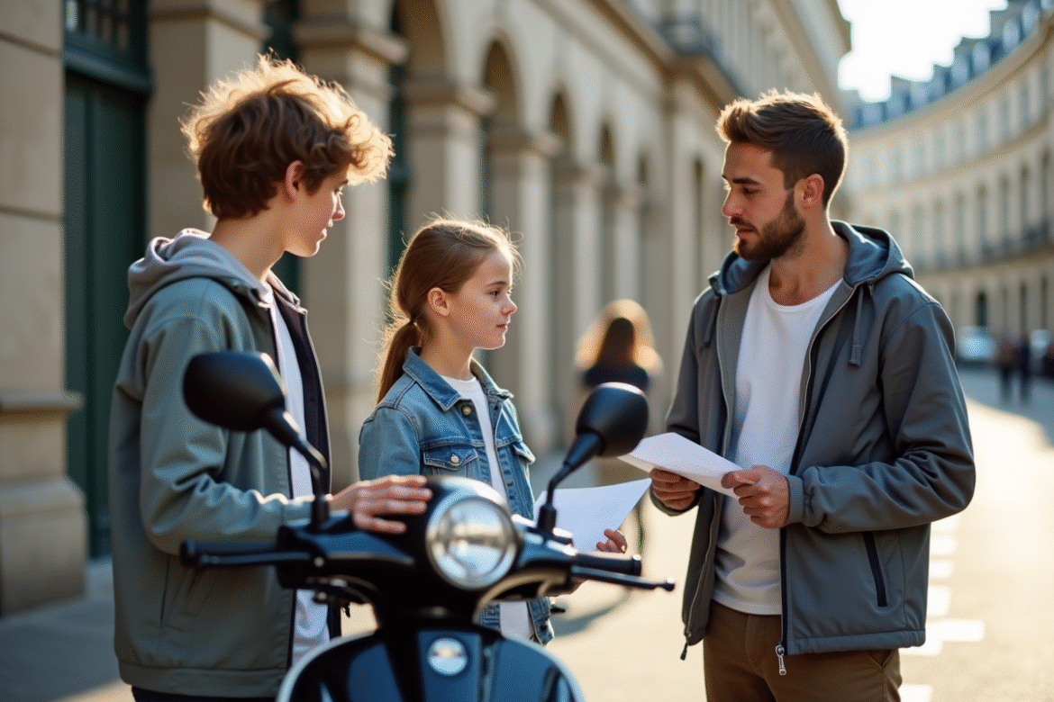 Adolescents écoutant un moniteur avec scooter moderne