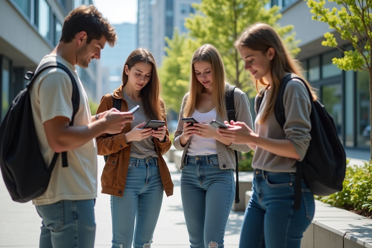 Jeunes divers utilisant smartphones dans un espace urbain animé