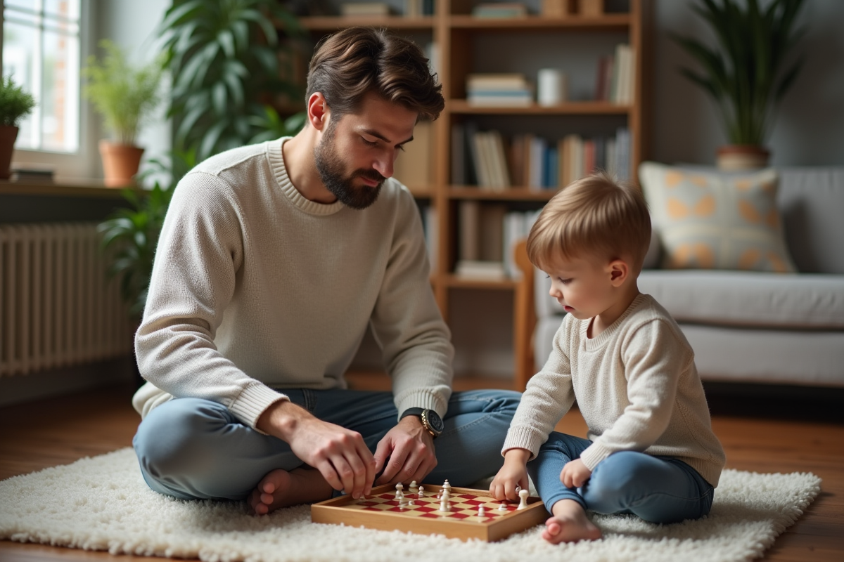 Jeune homme jouant à un jeu de société avec un enfant