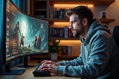 Joueur adulte concentré devant un écran de RPG fantasy dans un bureau gaming confortable, illustrant la durée de vie de Clair Obscur Expedition 33