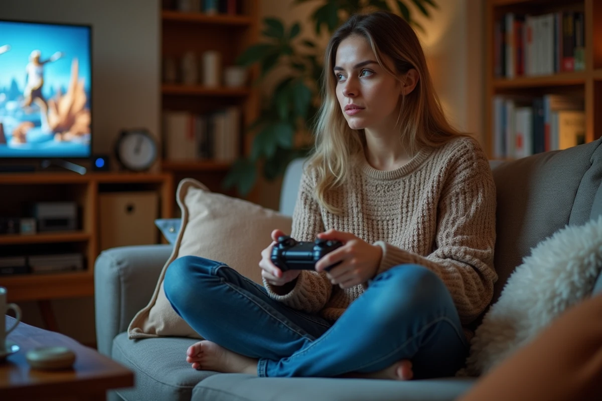 Joueuse détendue sur un canapé avec manette de jeu vidéo, symbolisant un gameplay adapté aux joueurs avec peu de temps libre