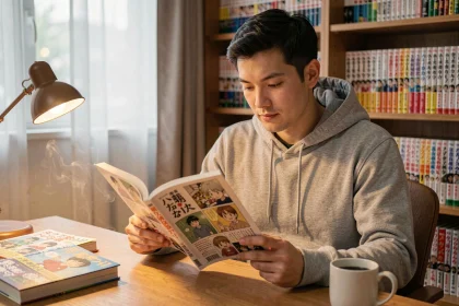 Jeune homme lisant un manga japonais à son bureau, entouré de sa collection de mangas