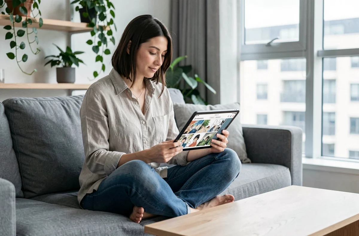 Femme lisant un manga sur tablette dans un salon moderne, comparant lecture numérique gratuite et payante