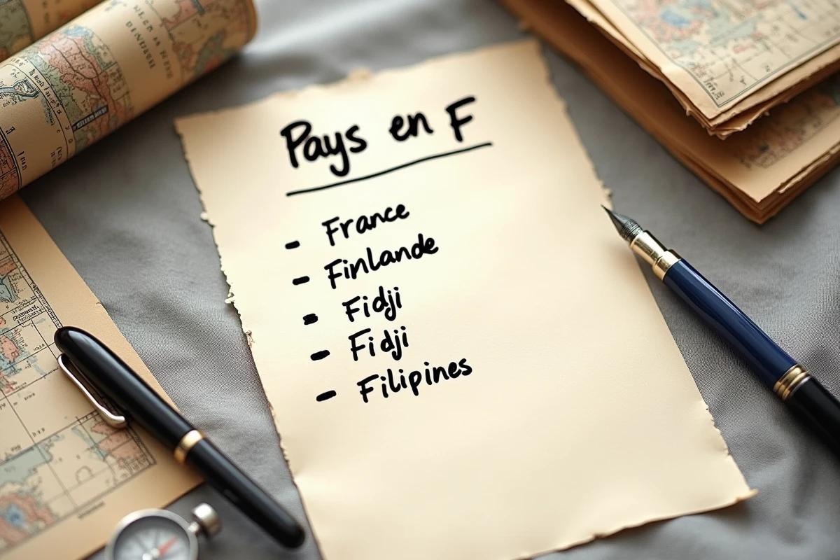 Liste manuscrite de pays commençant par F sur papier crème avec une boussole vintage et une carte du monde en arrière-plan
