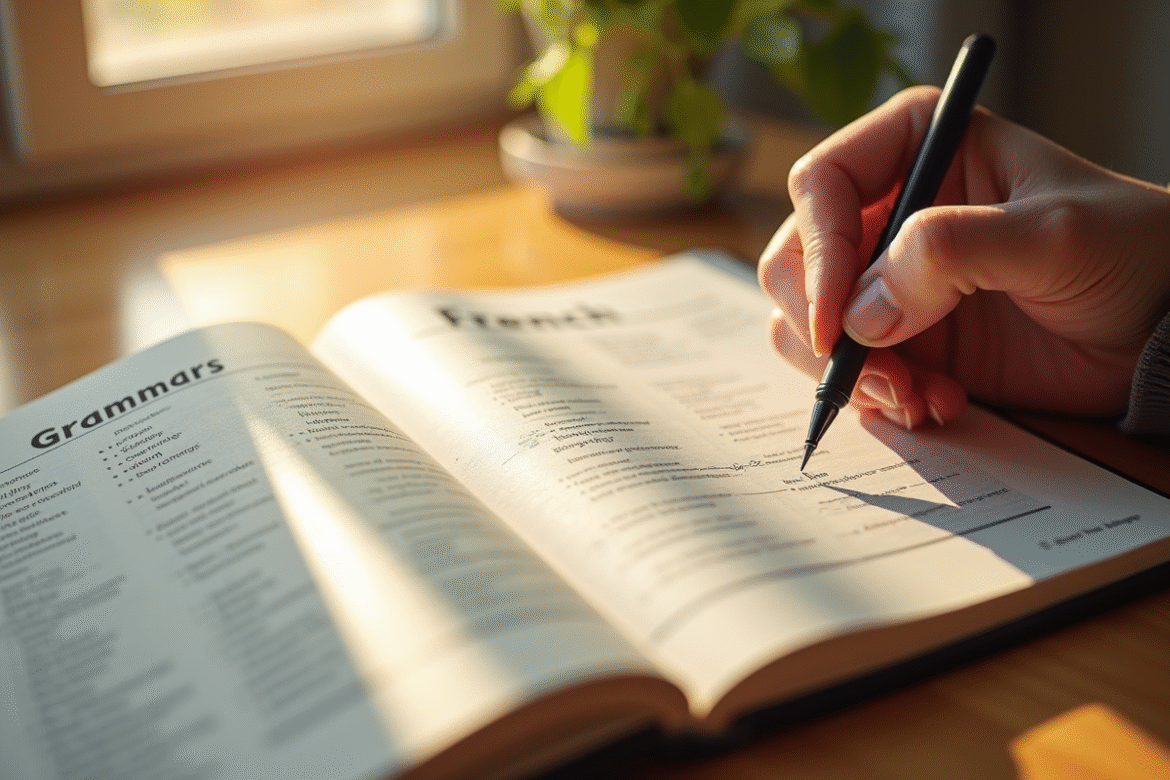 Livre de grammaire française ouvert sur un bureau lumineux