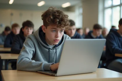Lycéen frustré face à un site bloqué sur son ordinateur portable à la cafétéria de son lycée