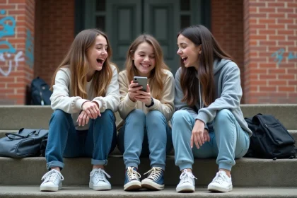 Groupe de lycéens partageant de la musique sur smartphone devant une école urbaine, exprimant leur enthousiasme avec le mot banger dans le langage des jeunes