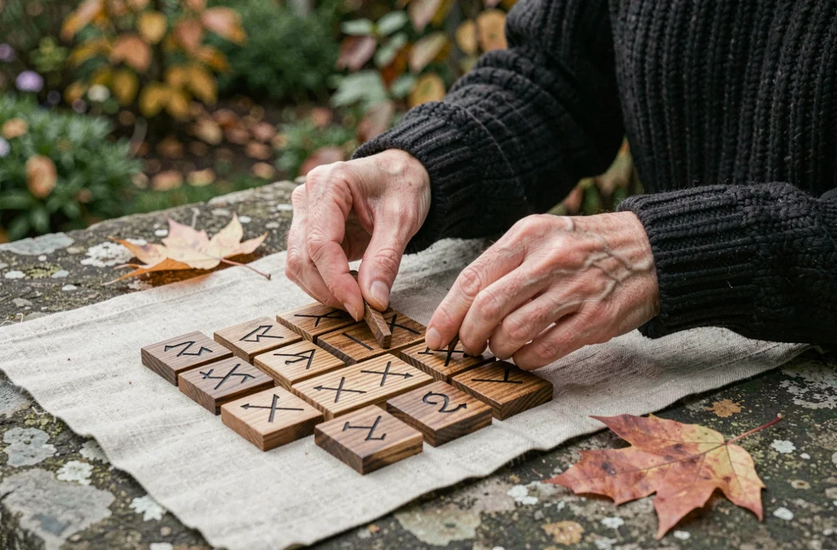 Mains de femme disposant des runes en bois sculpté sur un tissu de lin en extérieur à l'automne