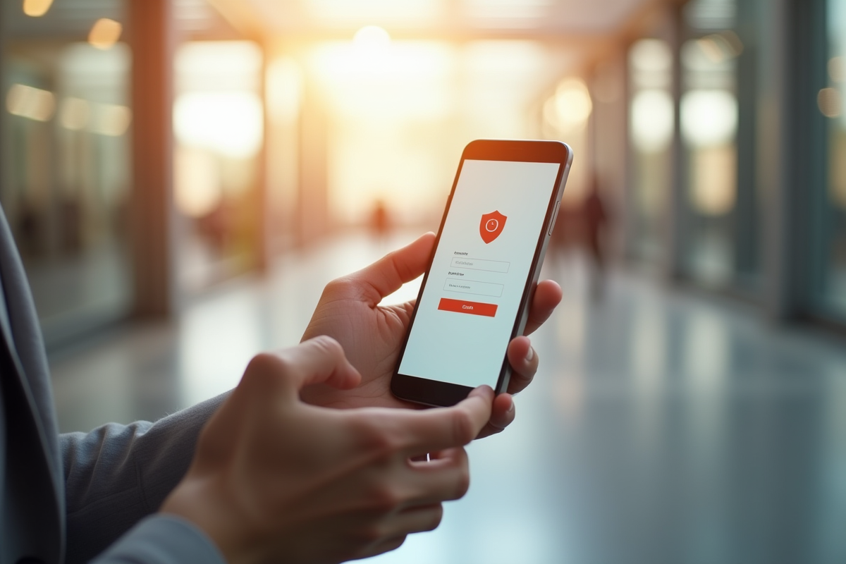 Mains tenant un smartphone avec page de connexion sécurisée