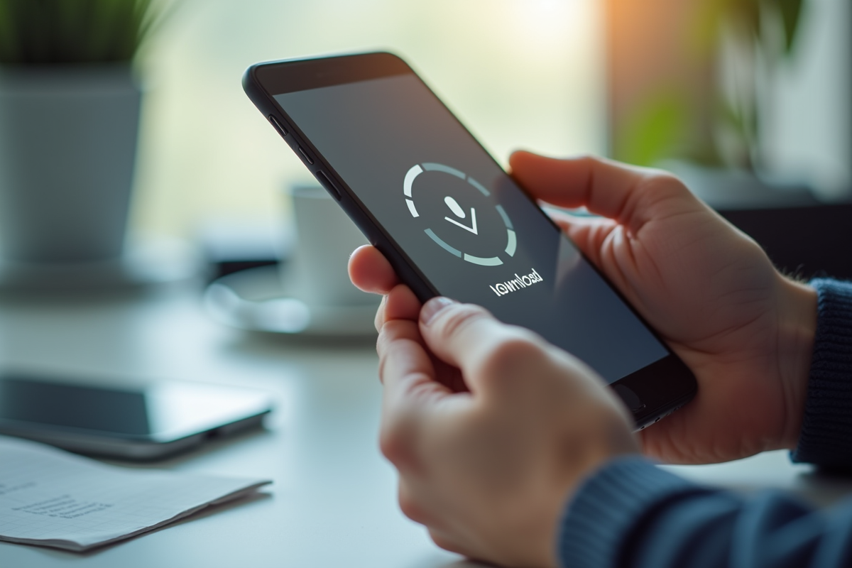 Mains tenant un smartphone avec barre de téléchargement
