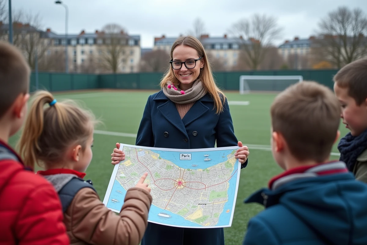 Maîtresse expliquant la superficie de Paris à des enfants sur un terrain de football avec une carte