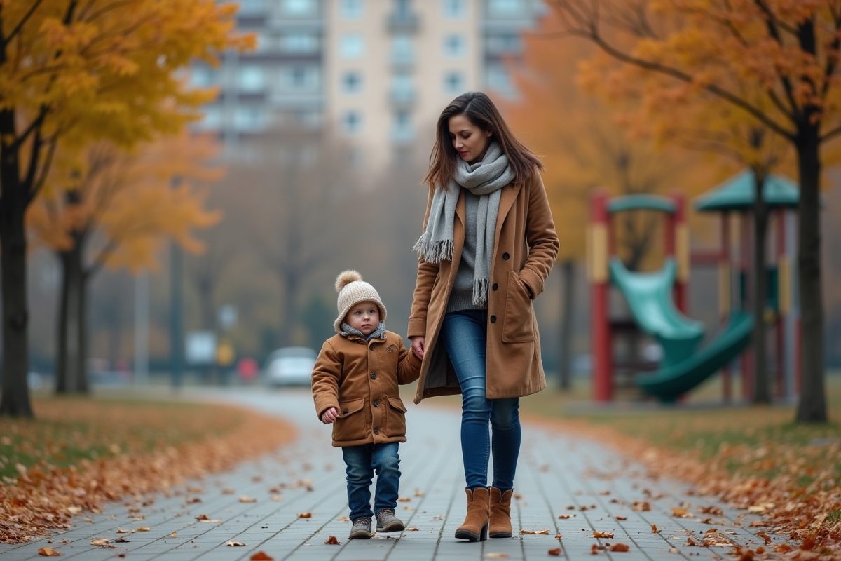 Maman et son enfant marchant dans un parc en automne