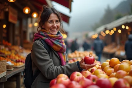 Femme souriante dans un marché pyrenees avec pommes et fromages