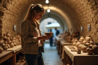 Femme explorant un marché artisanal souterrain dans une cave voûtée lyonnaise lors d'une soirée hors des sentiers battus