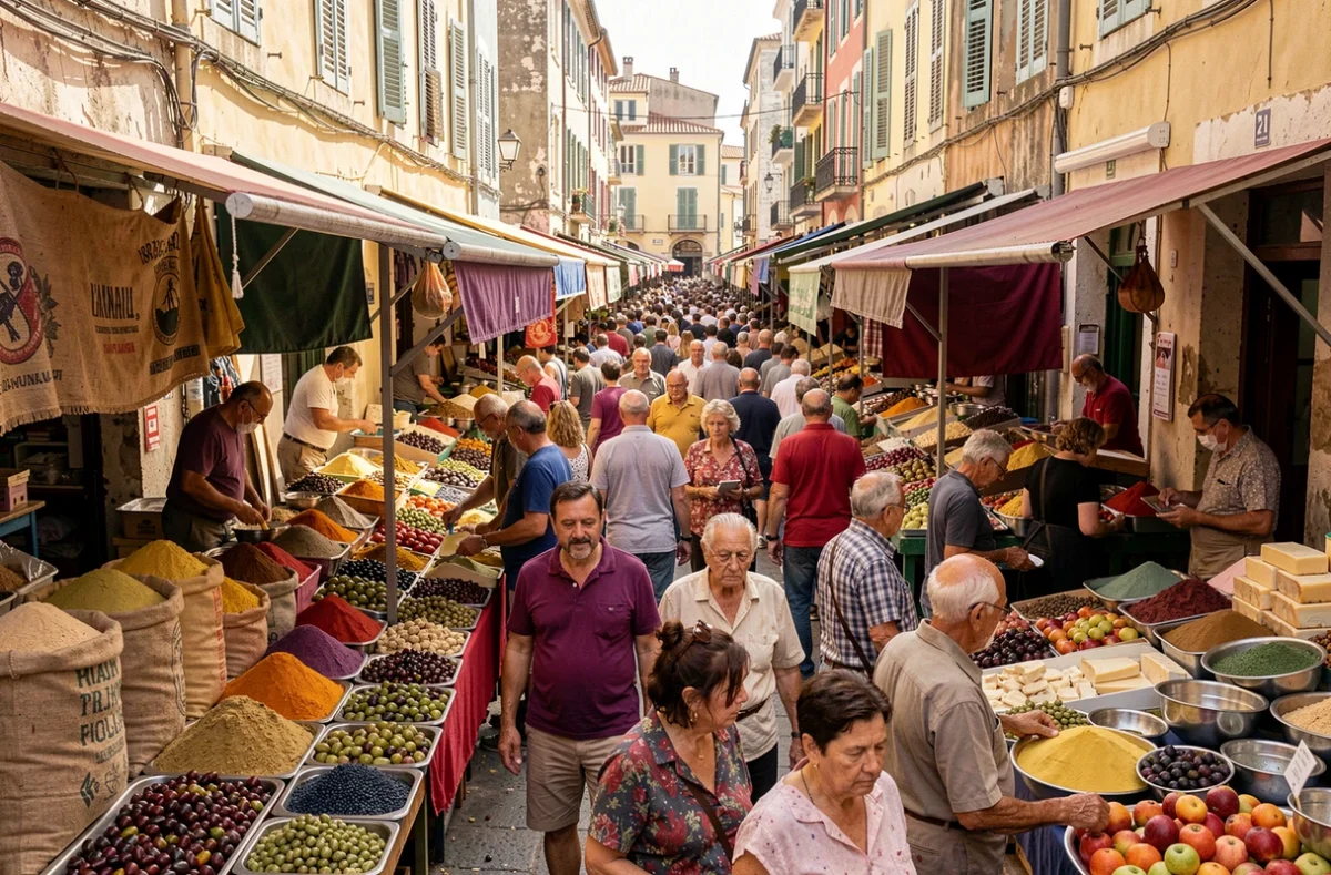 Vue d'ensemble du marché Soleil de Marseille aux heures de pointe avec une foule dense entre les étals