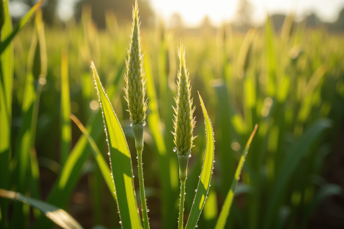 Gros plan de mauvaises herbes entre cultures en plein soleil