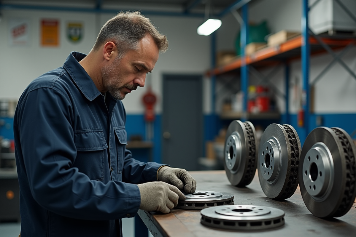 Mécanicien homme compare trois disques de frein en atelier