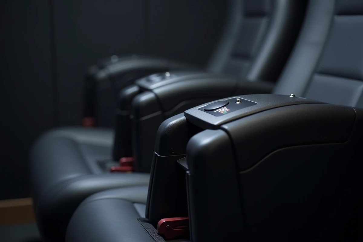 Détail technique du mécanisme d'un siège 4DX avec buses d'effets vent et odeurs
