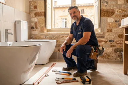 Plombier professionnel en salopette bleue travaillant dans un appartement à Avignon avec des éléments architecturaux provençaux visibles