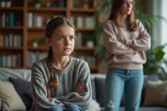 Fille adolescente et sa mère dans un salon tendu