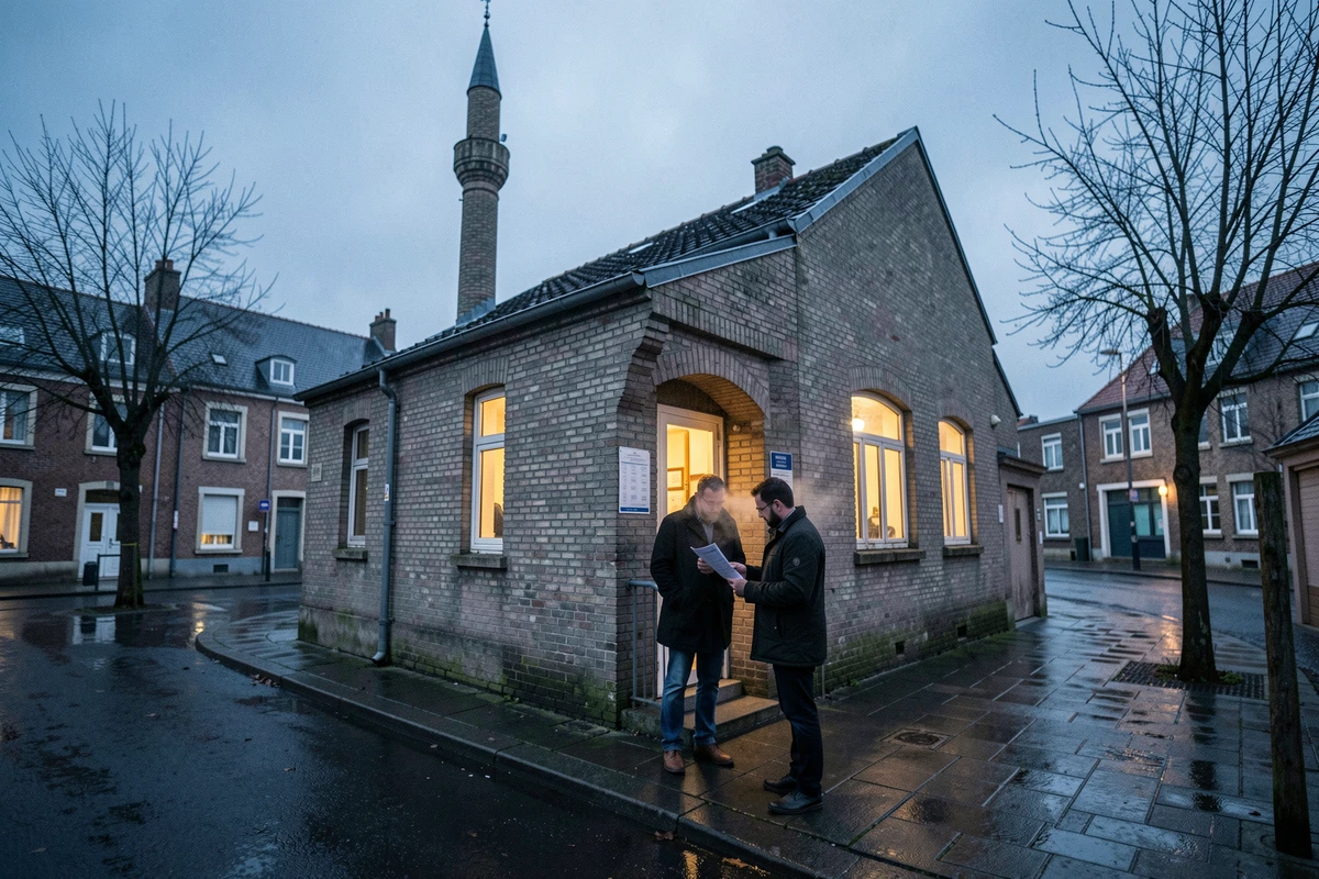 Mosquée de Douai en fin de journée pendant le ramadan avec des fidèles consultant les horaires d'iftar